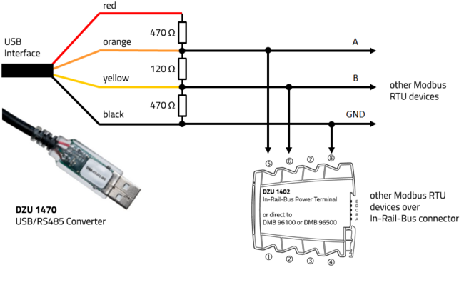 Connection diagram USB converter and Modbus RTU